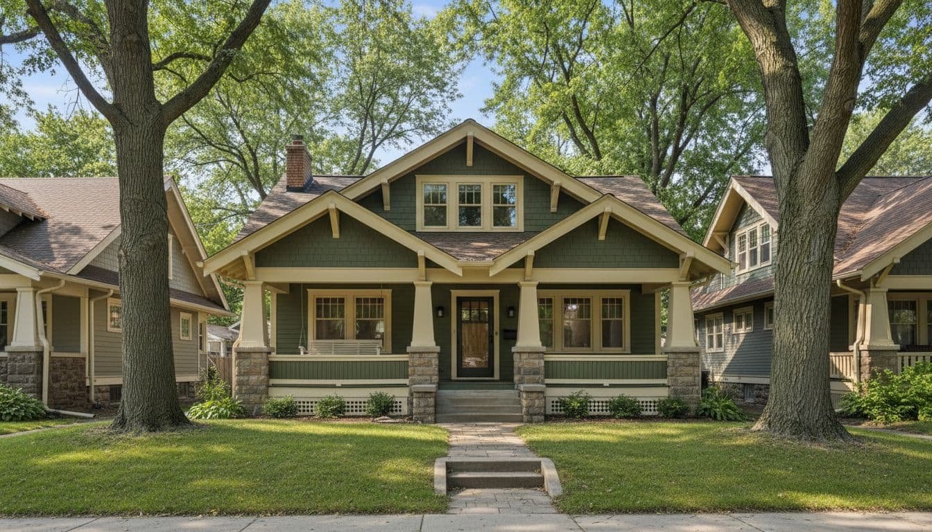 Classic Craftsman bungalow home exterior in a Minneapolis neighborhood with fresh earthy green and cream paint, detailed wooden trim, gables, tapered porch columns, mature trees, and summer lawn in natural daylight.