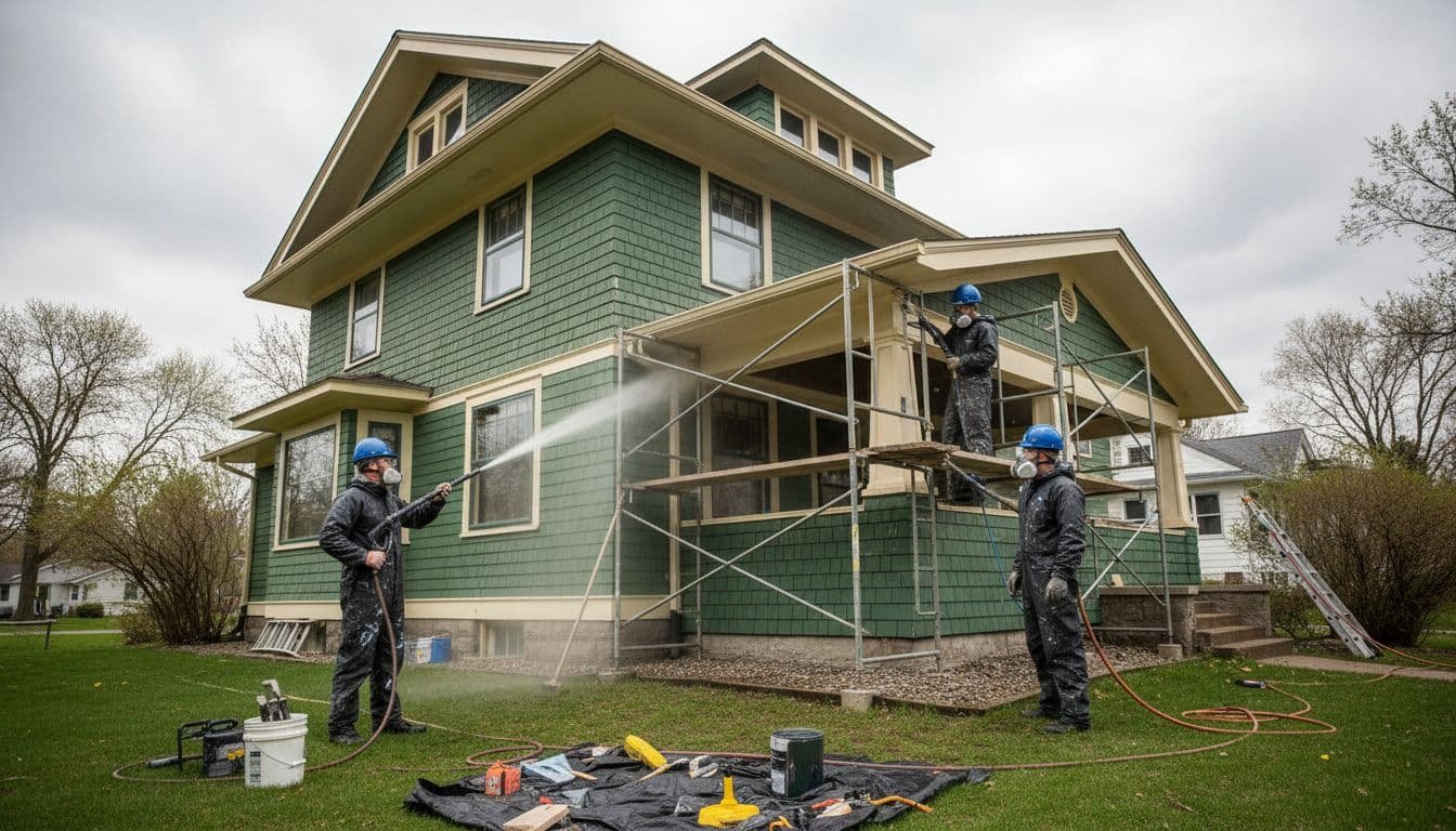 Professional painters in safety gear power wash wooden siding and trim on a Craftsman home exterior in Minnesota, with scaffolding around the porch and tools on the ground under an overcast spring sky.