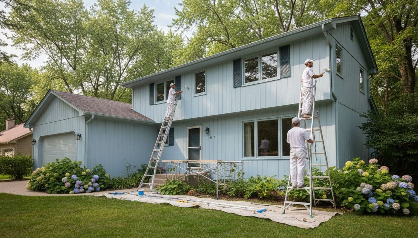 Two professional painters on ladders apply fresh exterior paint to the wood siding of a two-story house in a suburban Edina, Minnesota neighborhood during a bright summer day, with garden and trees in the background.