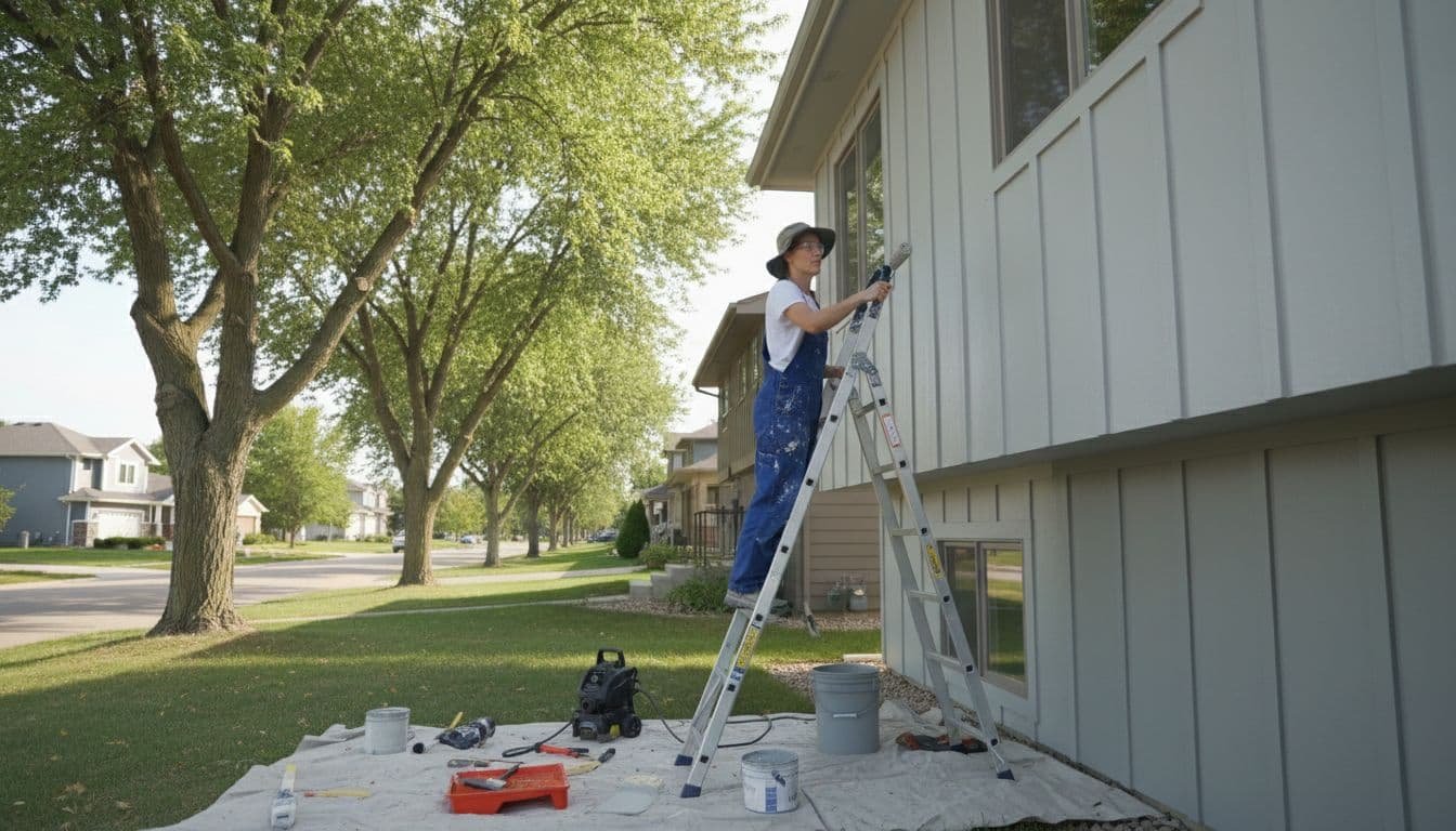 A professional painter applies a fresh coat of paint to the exterior siding of a two-story house in a suburban Bloomington neighborhood under natural daylight, with ladder and tools nearby.