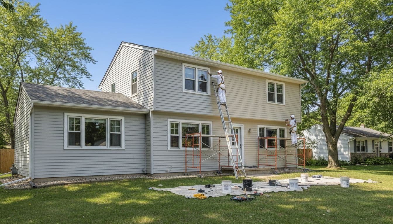 Two-story suburban house with light gray vinyl siding and white trim being painted beige by two professional painters on ladders and scaffolding during a clear summer day.