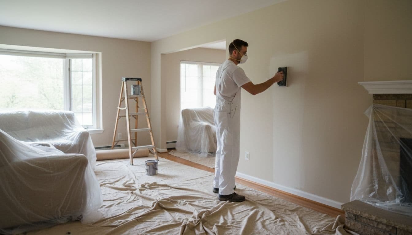 A professional male painter in white overalls and mask carefully sands a cozy living room wall in a Richfield, Minnesota suburban home using a hand sander, with drop cloths on the wood floor and natural window light.
