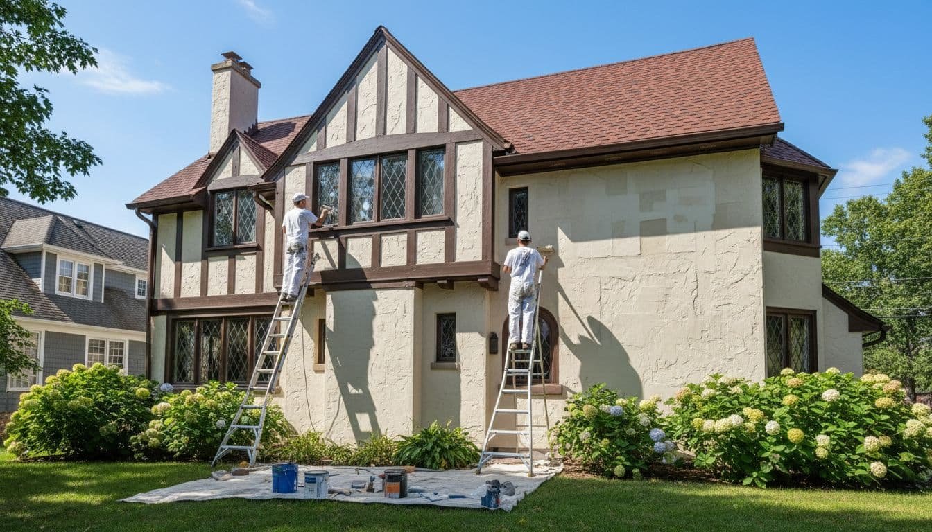 Two professional painters on ladders apply a fresh coat of paint to the detailed half-timbering and stucco walls of a classic Tudor-style house in a Minneapolis neighborhood during summer, under a clear blue sky with natural daylight.