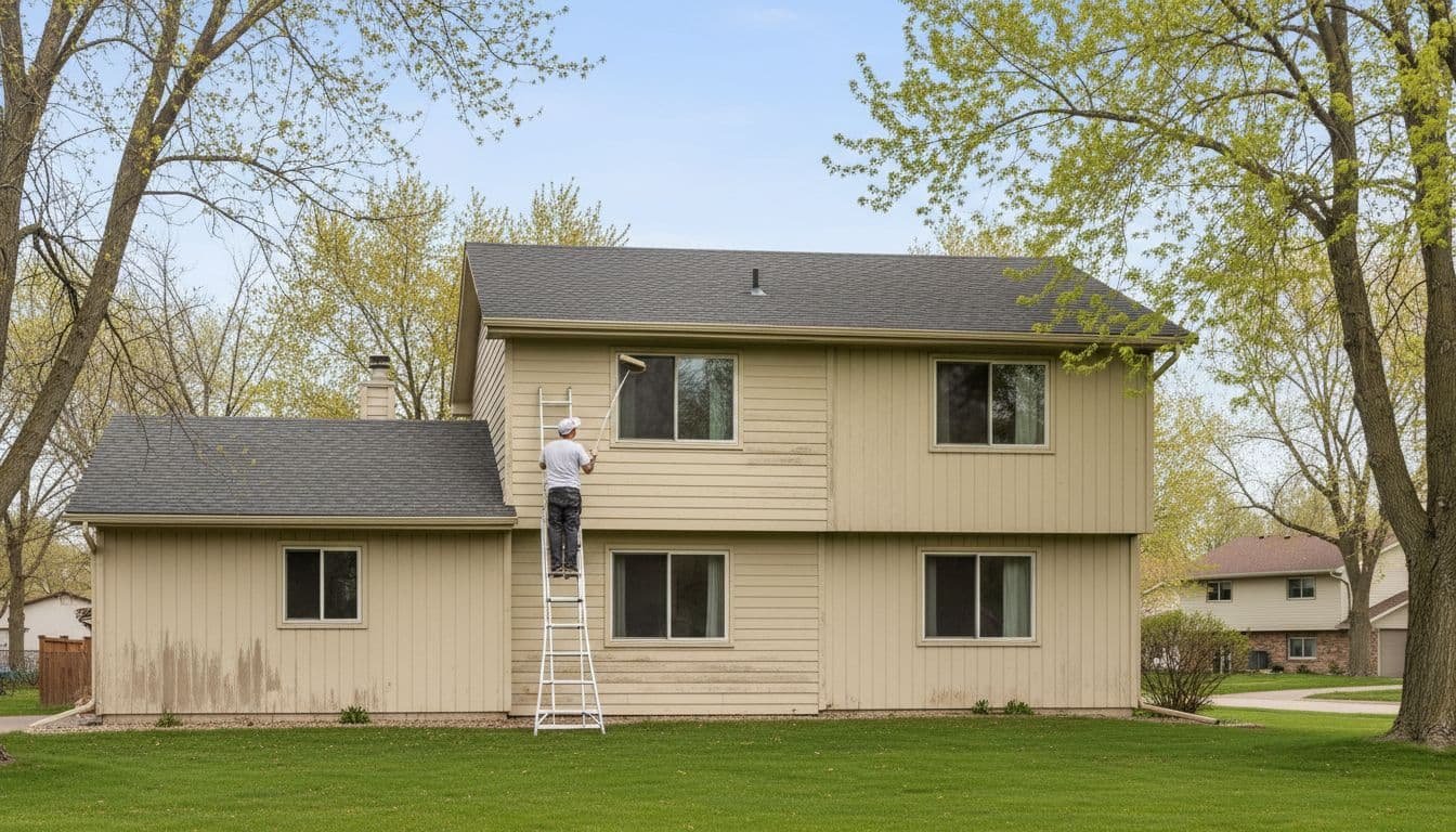 Professional painter on ladder applies beige paint to two-story suburban house siding, green lawn and trees in background.