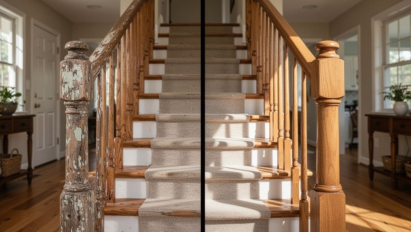 Before and after split comparison of a worn wooden stair banister: left shows chipped paint from Minnesota winter wear, right displays freshly painted smooth durable finish in a Twin Cities suburban home hallway.