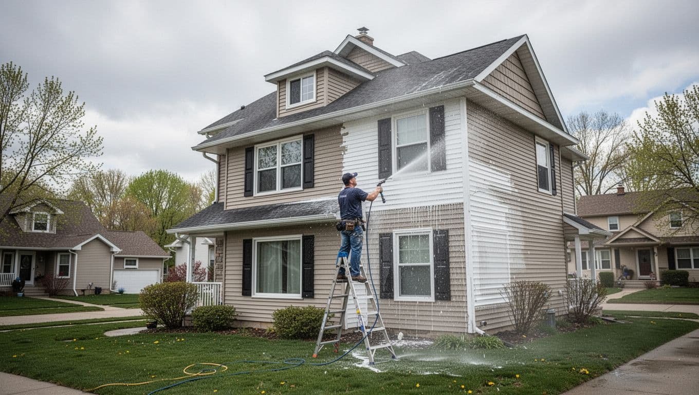 A professional painter power washes the exterior siding of a two-story residential house in a Blaine, Minnesota suburb on a cloudy spring day, with a ladder nearby and a clean neighborhood background.