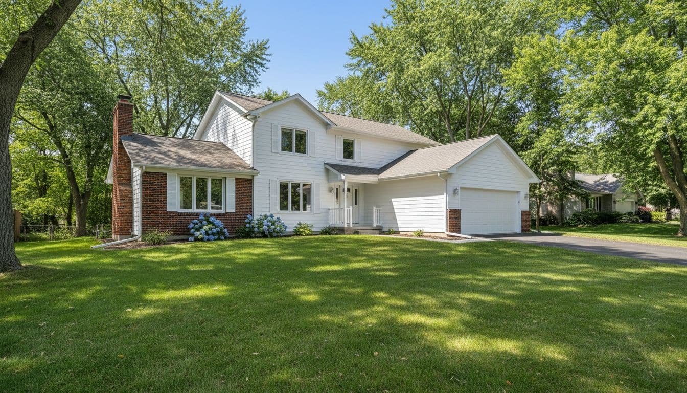 Freshly painted white two-story house with brick accents in Blaine MN suburb during summer, featuring green lawn, trees, and bright sunlight in a realistic wide-angle photo of the full exterior, no people, text, logos, or watermarks.