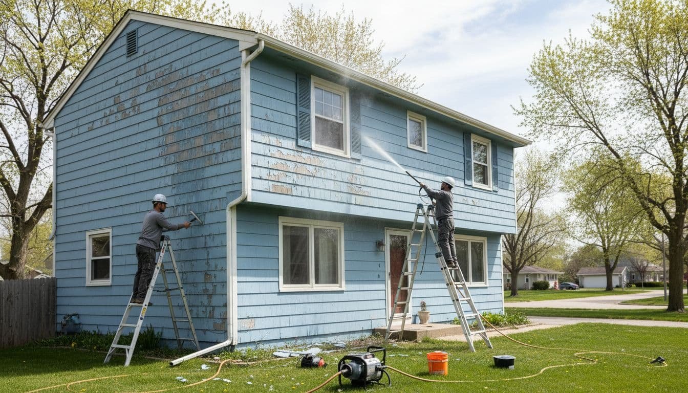 Two painters power wash and scrape old paint from wood siding of a two-story house in a Minnesota suburban neighborhood.