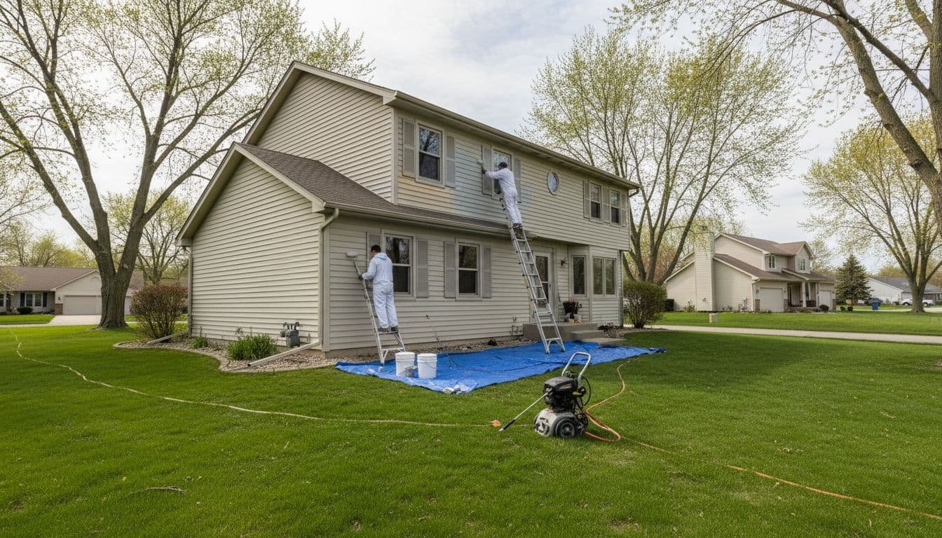 Two painters on ladders apply fresh paint to beige siding of two-story suburban home, power washer nearby.