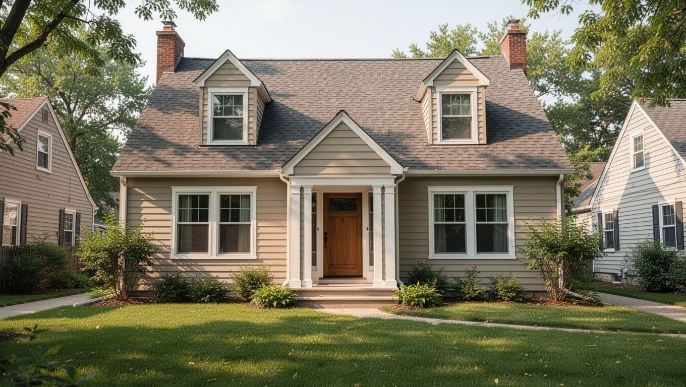 A classic Cape Cod style house exterior in a Minneapolis suburb, featuring neutral clapboard siding, steep gabled roof with two dormers, trimmed front door, and small front yard with green grass and shrubs under summer daylight.