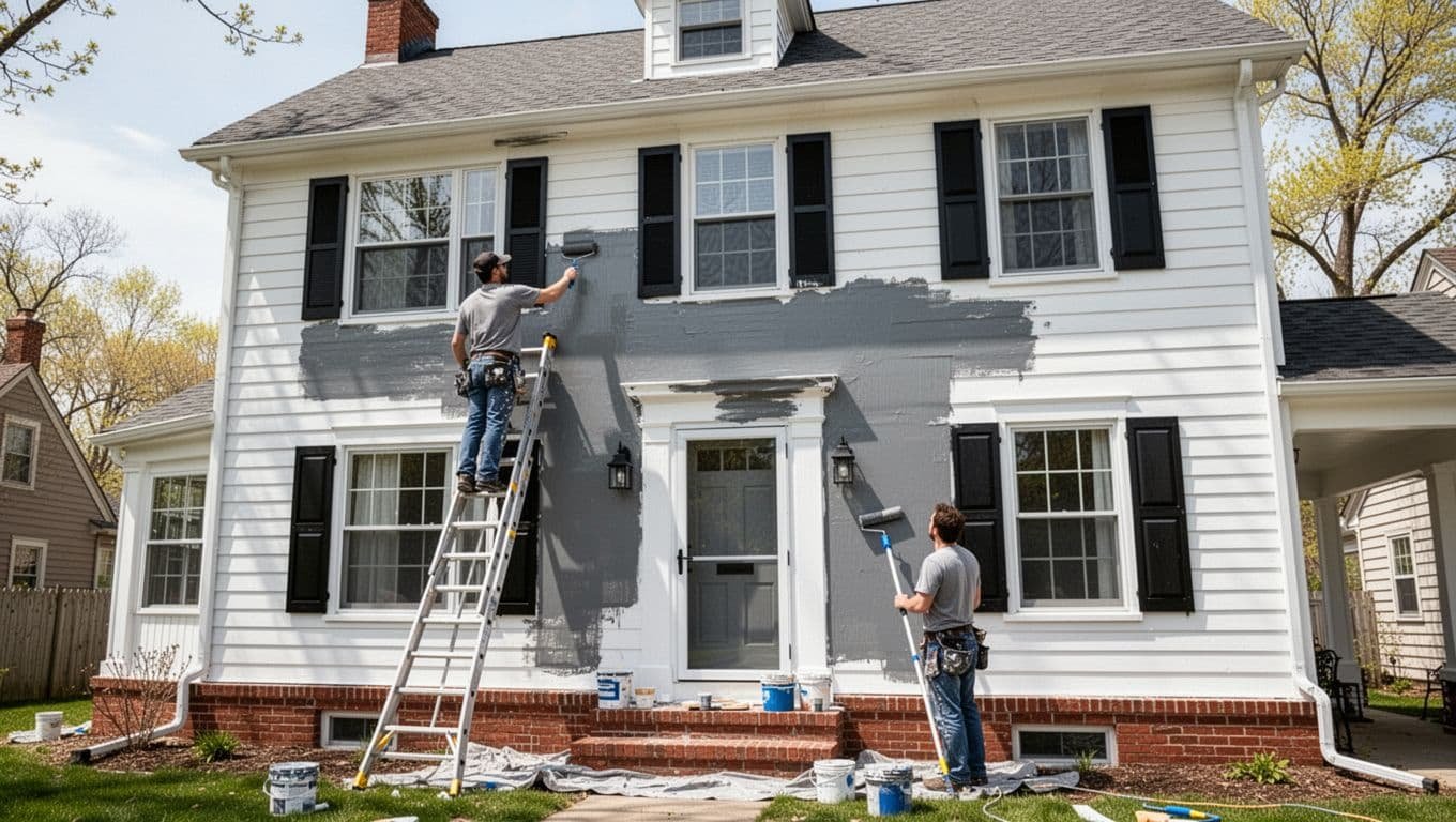 A classic two-story Colonial-style house in Minneapolis with white siding and black shutters, where two professional painters apply fresh gray paint to the exterior walls on a sunny spring day.