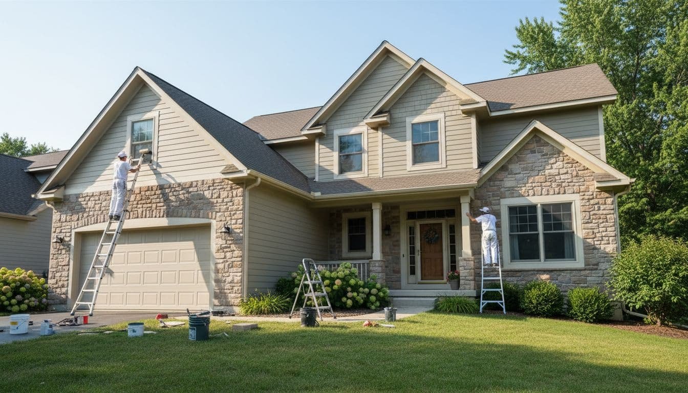 Two painters on ladders apply fresh neutral paint to one side of a two-story suburban house on a clear summer day.