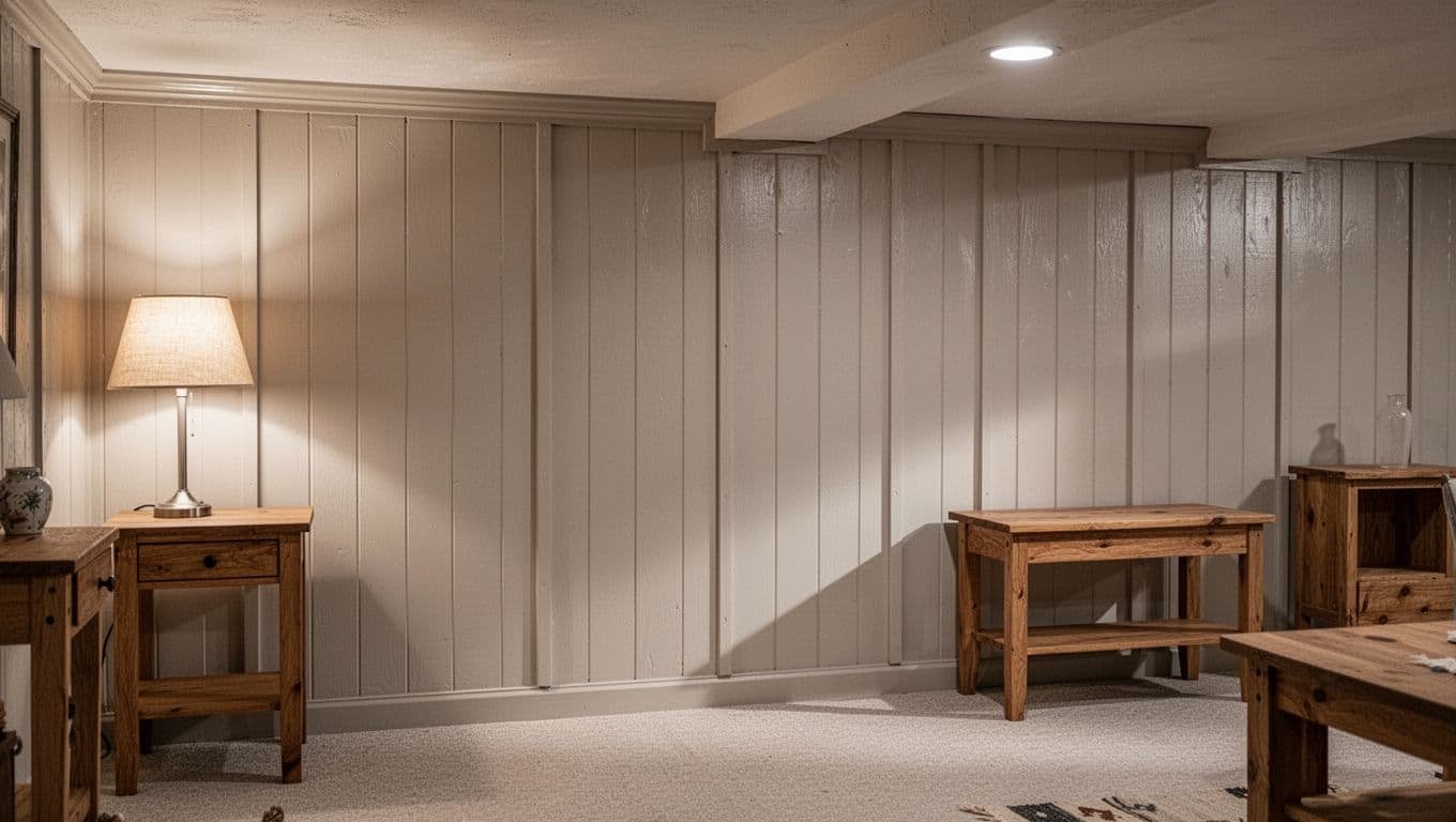 Cozy Minneapolis basement featuring dark wood paneling freshly painted in a modern light neutral color, wooden furniture, soft lamp lighting, realistic interior photo style with high detail, no people, no text or logos, clean composition focusing on walls.
