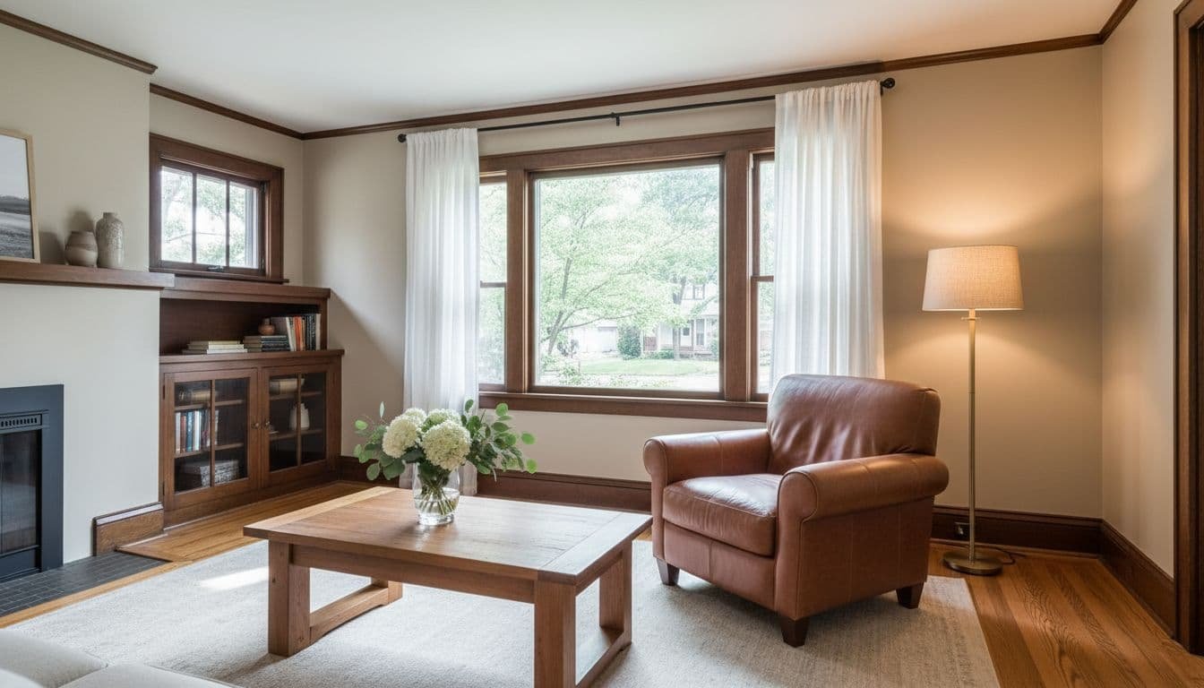 Cozy Minneapolis bungalow living room freshly painted in soft beige walls with dark wood trim, built-in cabinets, large window allowing natural light through sheer curtains, leather armchair, wooden coffee table with vase, and warm floor lamp glow in realistic high-detail photograph style, no people or text.