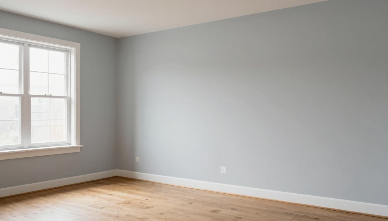 Smoothly painted light gray plaster walls in a cozy empty Minneapolis living room with wooden floors, large window allowing natural light, soft warm lighting, and high-detail realistic interior photo highlighting perfect even finish and subtle texture.