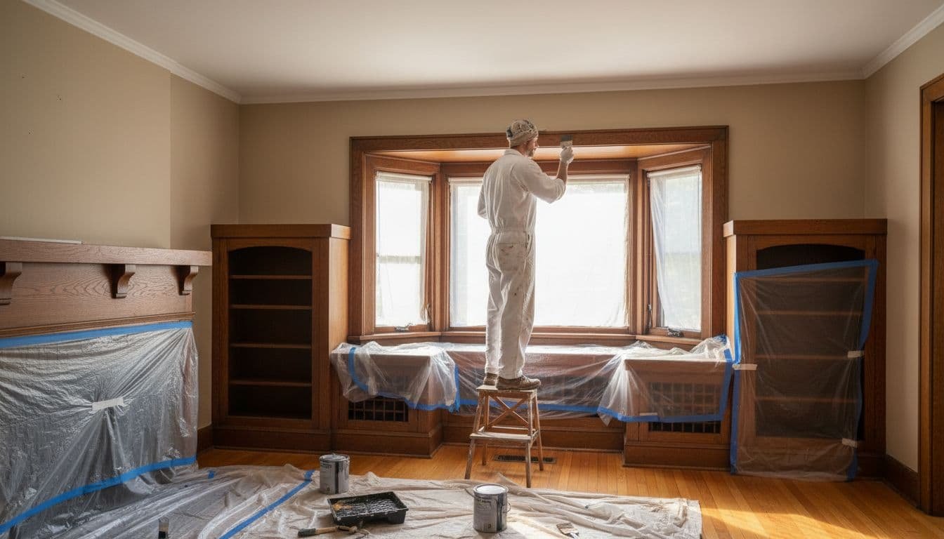 Painter brushes neutral paint on wall in Craftsman living room with wood trim, built-ins, and warm floors.
