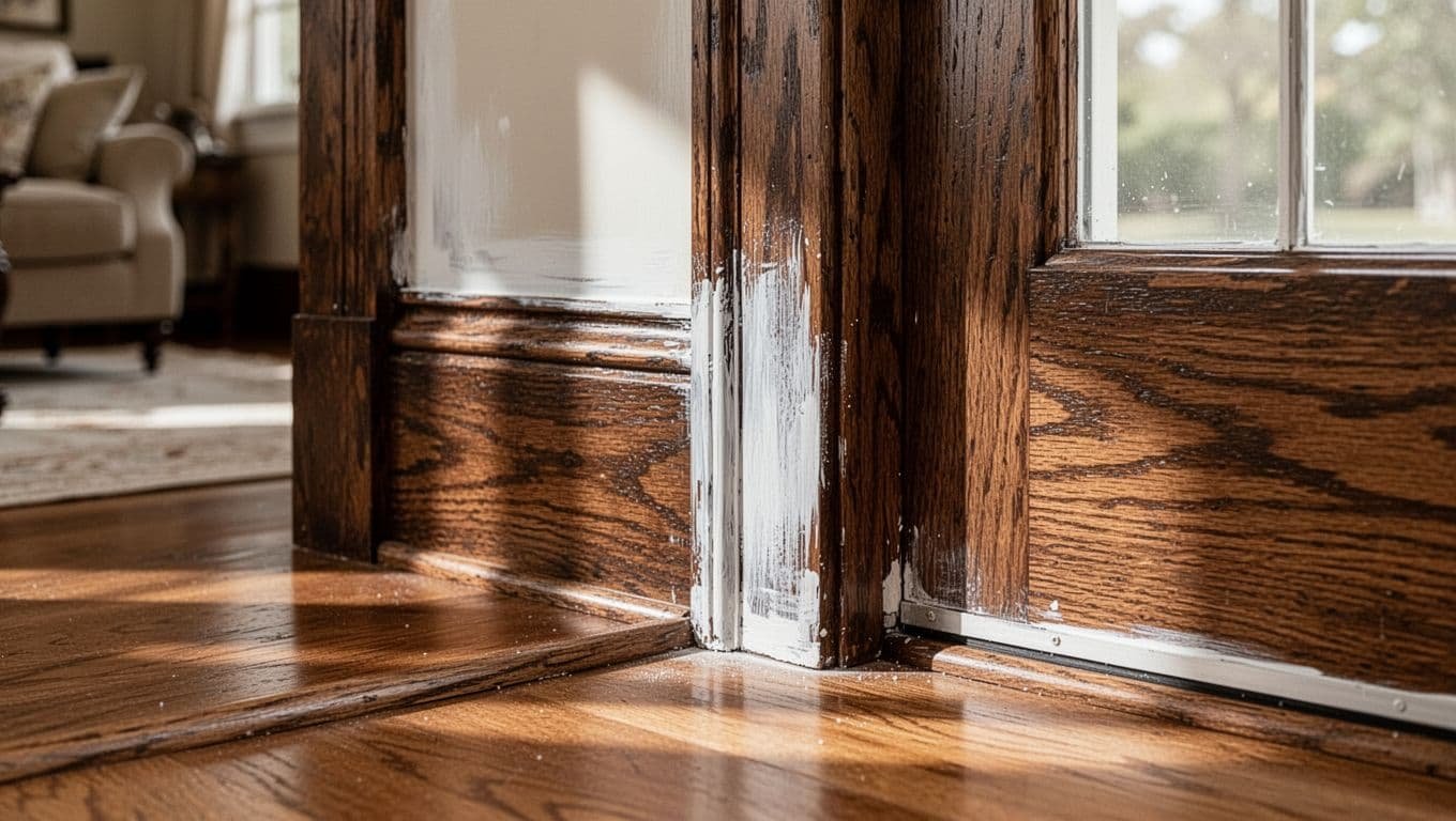 Close-up view of dark stained oak wood trim on baseboard and door frame in a traditional Minneapolis home, glossy surface showing need for sanding and priming before painting white, natural light, high detail.