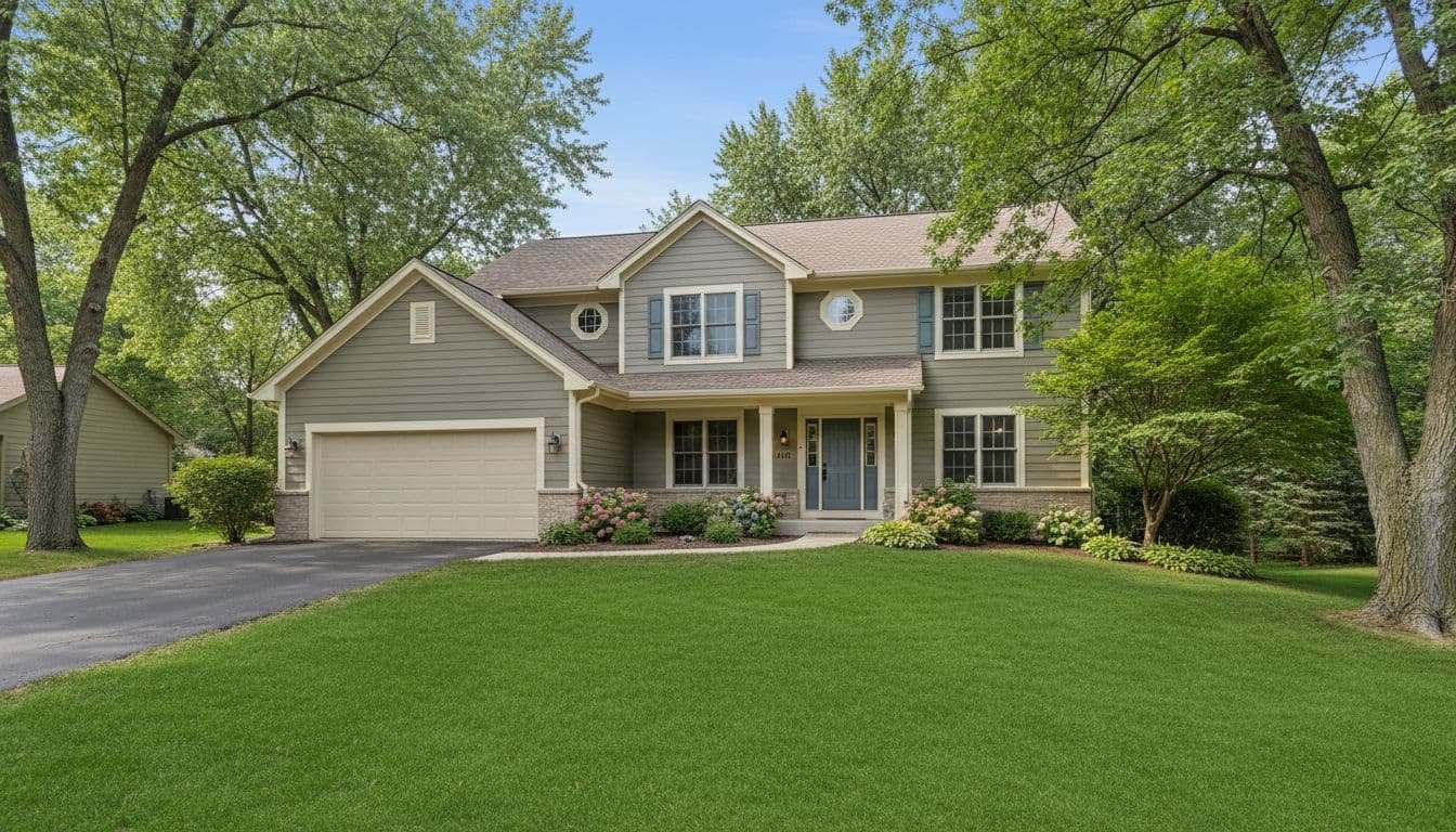 A well-maintained suburban home in Eagan, Minnesota, with fresh exterior paint in neutral colors, on a summer day featuring a green lawn, trees, and a wide-angle view of the front facade and driveway in realistic photo style with natural daylight.