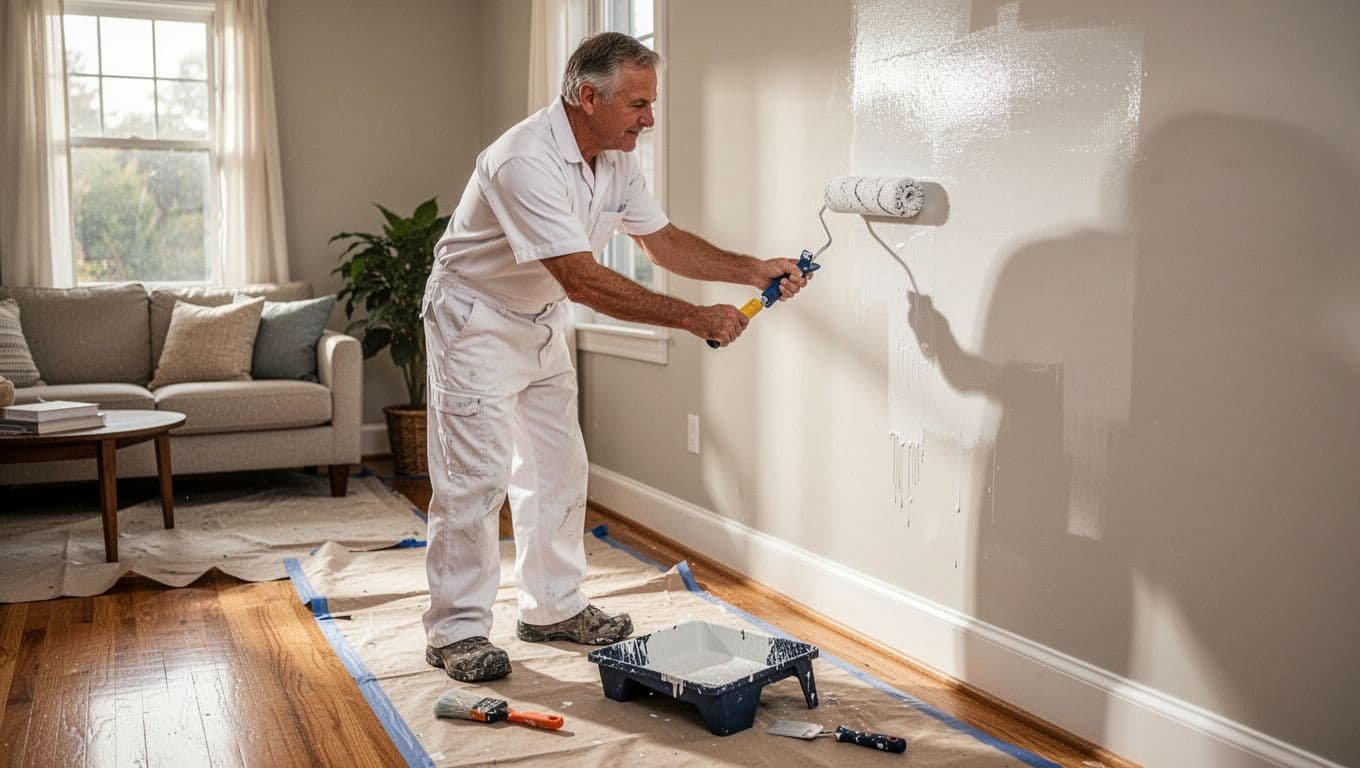 Professional painter in white uniform smoothly applies paint with roller on cozy Edina home living room wall, protective cloths on floor, natural light.