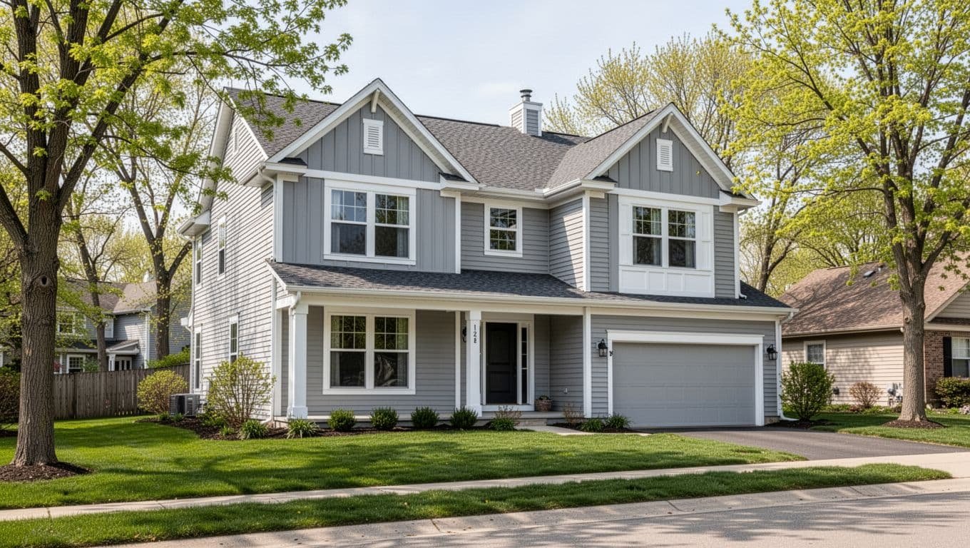 Two-story suburban house exterior in Maple Grove style with fresh light gray and white paint on vinyl siding and wood trim, green lawn and trees, clear spring day, wide-angle street-level photo, high detail, no people or text.