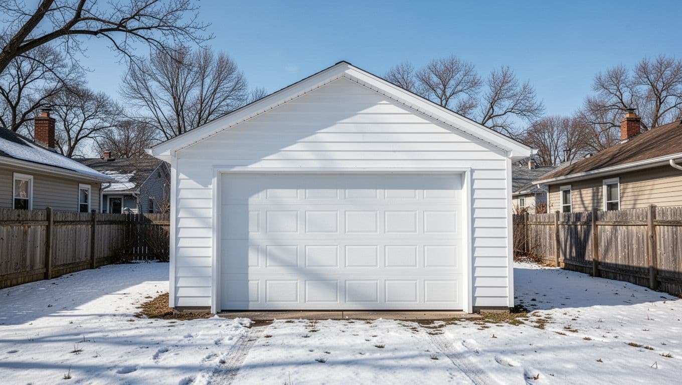 A detached wooden garage with fresh white exterior paint stands alone in a snowy suburban backyard in Minneapolis during early spring, under a clear blue sky with natural daylight.