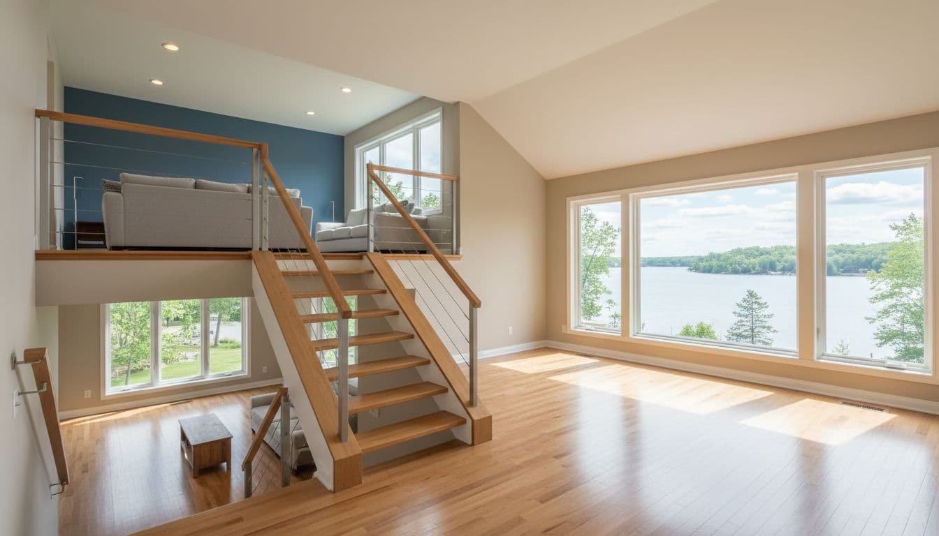 Freshly painted cozy interior of a split-level Minneapolis home with open stairs connecting living room to upper family room, neutral beige walls accented by blue, hardwood floors, large windows with Minnesota lake view, modern simple furniture, bright natural daylight, realistic photograph.