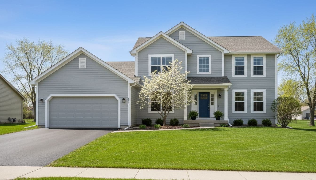 Two-story home with light gray siding, white trim, garage on green lawn in spring daylight.