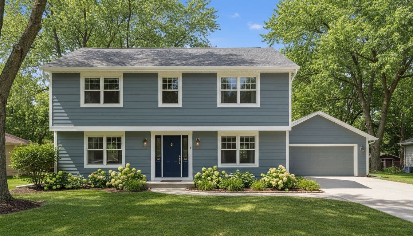Two-story house exterior with fresh paint on siding, trim, and doors in Twin Cities suburb on bright summer day.