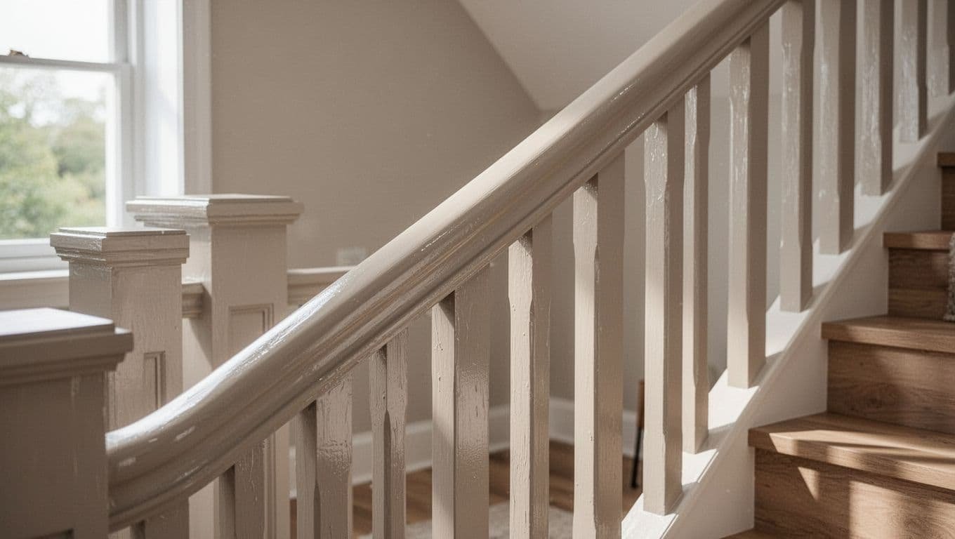 Freshly painted wooden stair railing and banister in a cozy modern Minneapolis home interior features a smooth glossy finish in neutral color. Natural daylight from a nearby window highlights the clean lines and subtle wood grain beneath the paint, with an elegant focus on the banister curve.