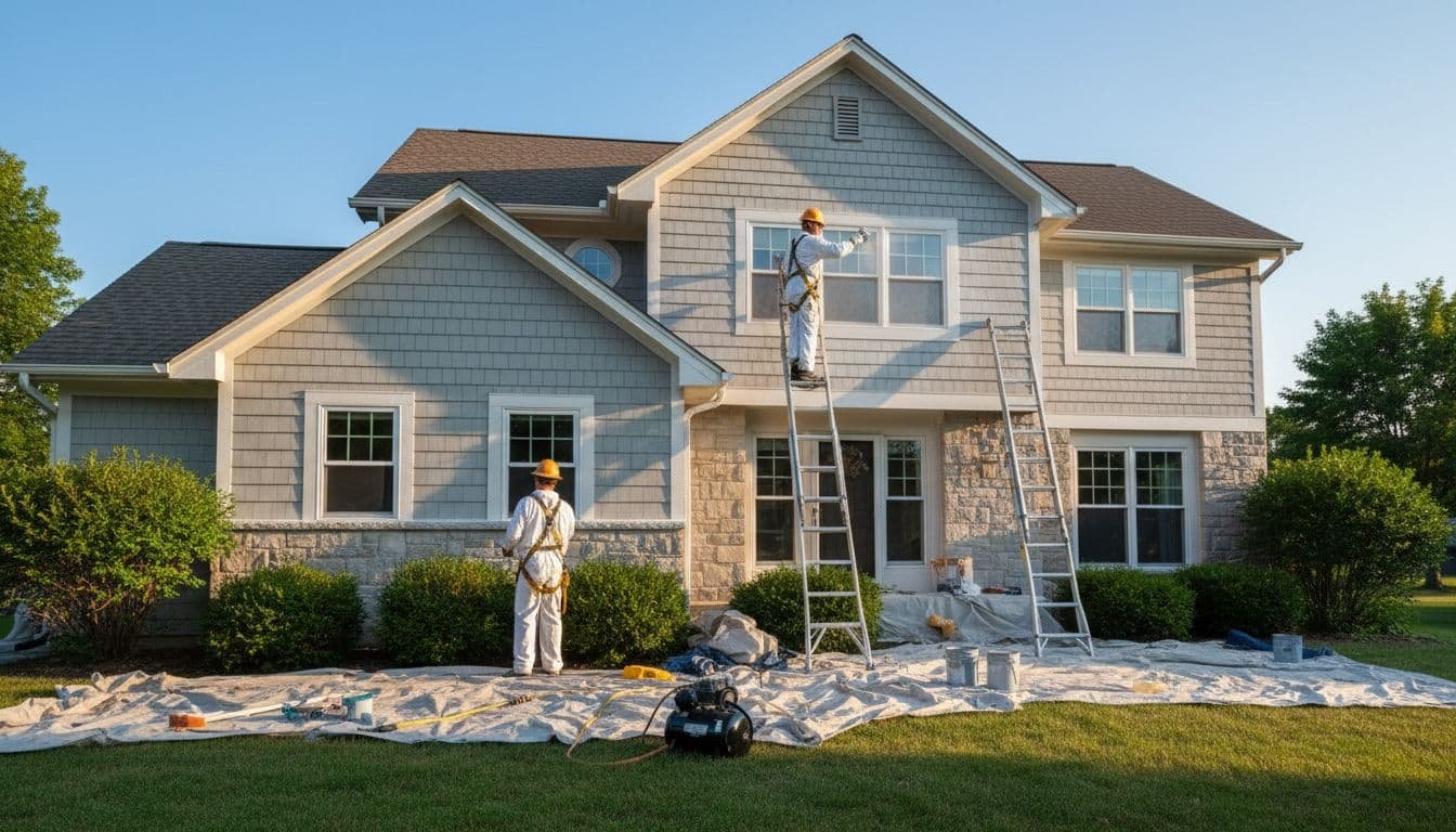 Two professional painters on ladders apply a fresh coat to the siding and trim of a two-story suburban home in Golden Valley, Minnesota, during a sunny summer day with clear skies and painting equipment nearby.