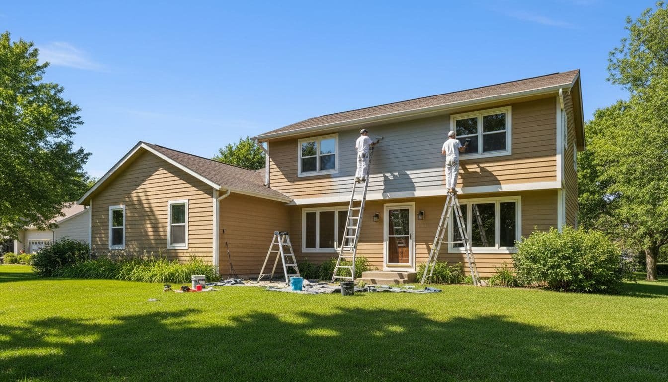 Two painters apply fresh paint to siding of two-story suburban house, ladders and tools nearby, clear blue sky, green lawn.