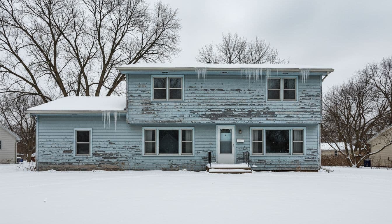 Suburban home exterior in Hopkins MN with peeling paint on wood siding, snow on ground, icicles, bare trees, overcast sky.