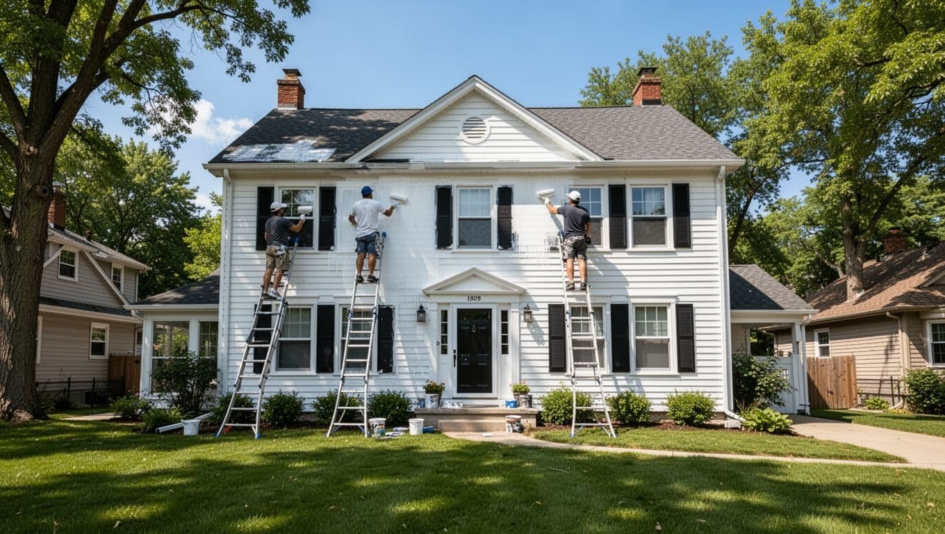 A classic two-story colonial style house with white siding and black shutters in Minneapolis suburbs is being painted by two professional painters on ladders during a sunny summer day. The front yard has a green lawn and trees under a clear blue sky, captured in realistic photo style.