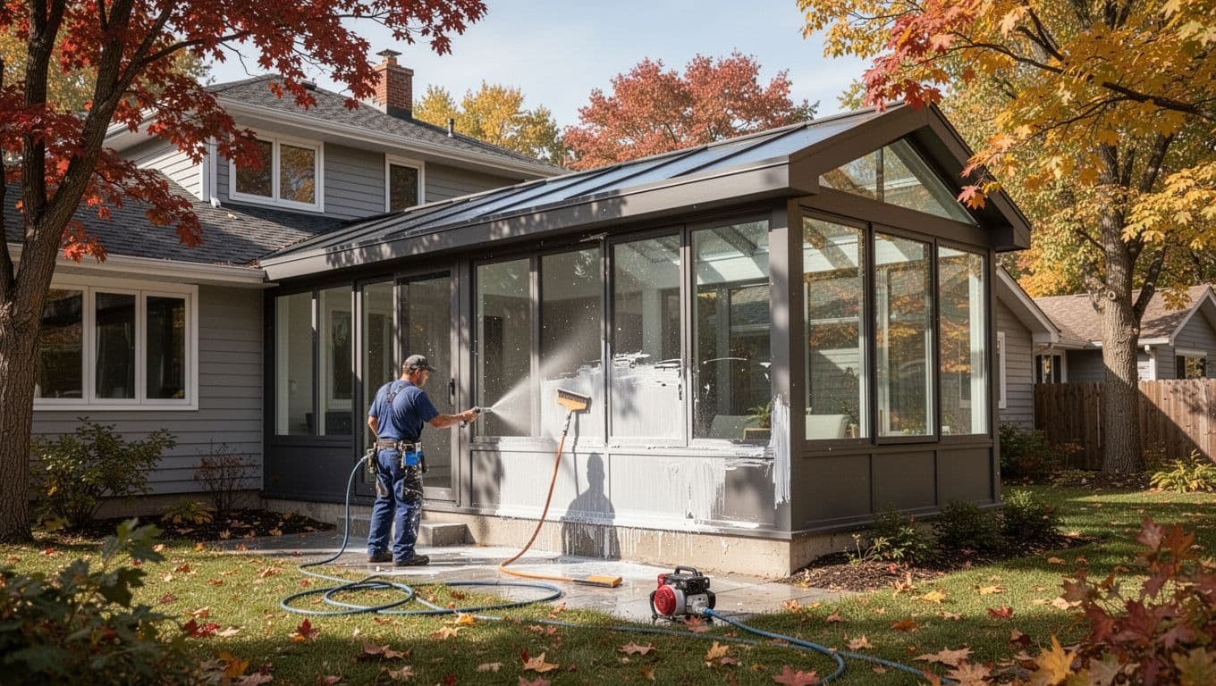 Exterior view of a modern sunroom on a suburban Minneapolis house during fall, with professional painters power washing and scraping old paint amid crisp autumn light and changing leaves.