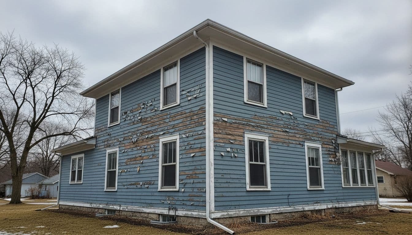 Exterior of a Minneapolis Four-Square house showing peeling and blistering paint on wood siding from Minnesota winter freeze-thaw cycles, cracked trim, and damp conditions under an overcast spring sky.
