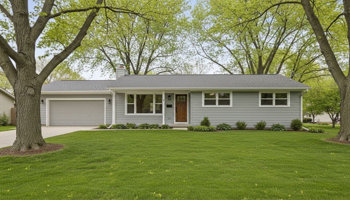 A classic single-story rambler ranch house in a Minneapolis suburb, freshly painted in light gray with white trim, surrounded by green lawn and mature trees under a clear spring sky. Front view highlighting clean siding and new paint shine in natural daylight.