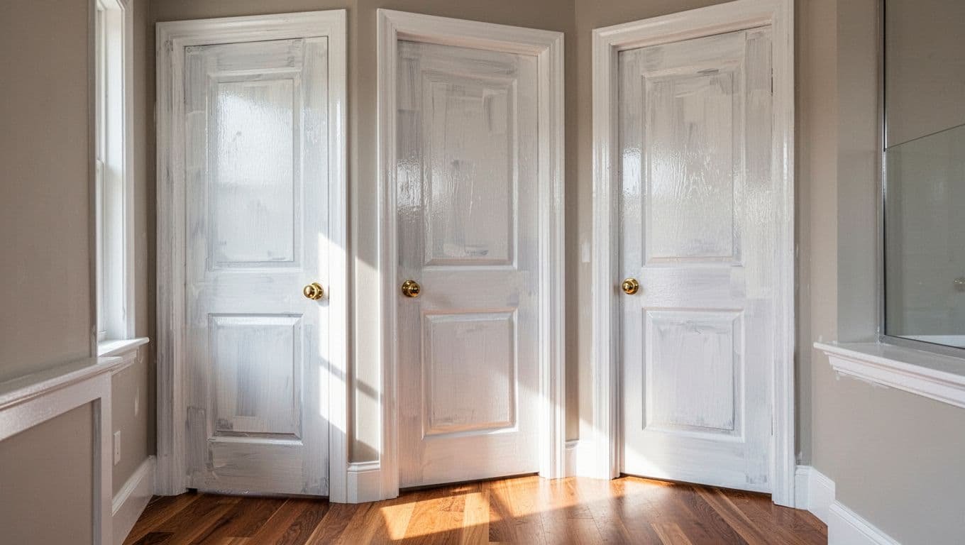 Modern residential hallway in a Minneapolis area home featuring three freshly painted interior doors in white semi-gloss finish, soft natural light from a nearby window, clean professional brushwork on panels and frames, hardwood floors, warm inviting atmosphere.