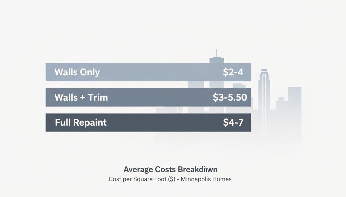 Infographic bar chart shows per-square-foot costs for walls only ($2-4), walls + trim ($3-5.50), and full repaint ($4-7).