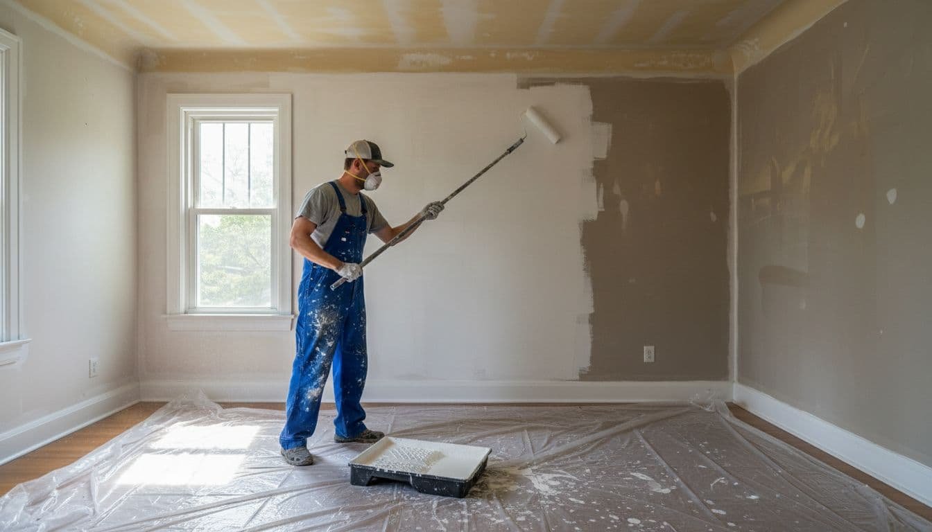 An interior house painter in Minneapolis uses a roller and extension pole to apply white stain-blocking primer on freshly cleaned smoke-damaged drywall in a living room, with a paint tray, drop cloth, and natural daylight from one window.