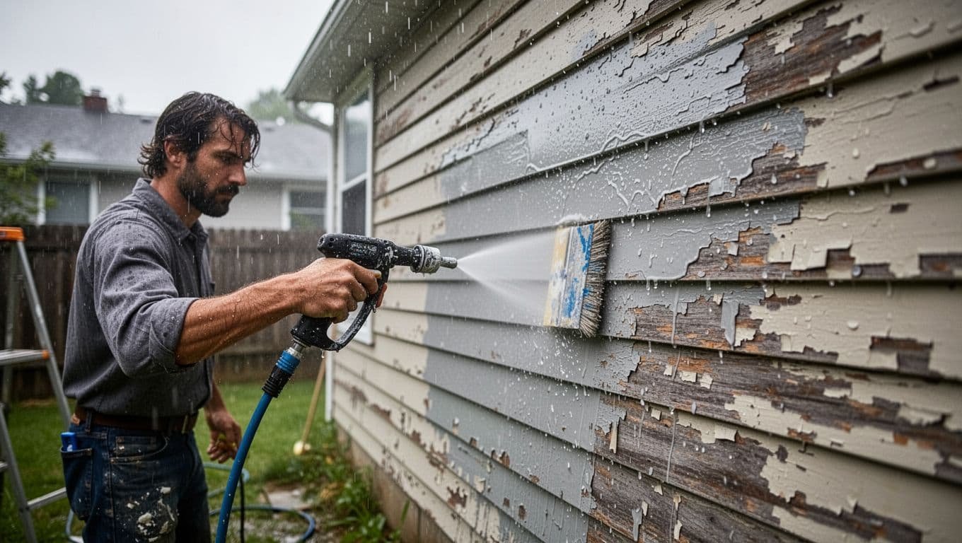 Close-up of a single painter power washing and scraping old peeling paint from wood siding on a house exterior in a Minneapolis backyard under an overcast sky, preparing for repainting in Minnesota's climate.