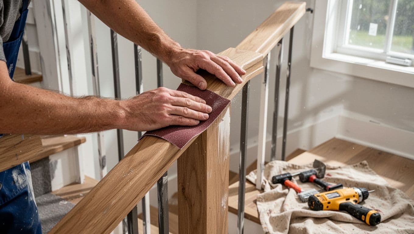 Professional painter carefully sanding and prepping a stair railing in a bright Minneapolis home, focused on wood surface with tools on drop cloth.