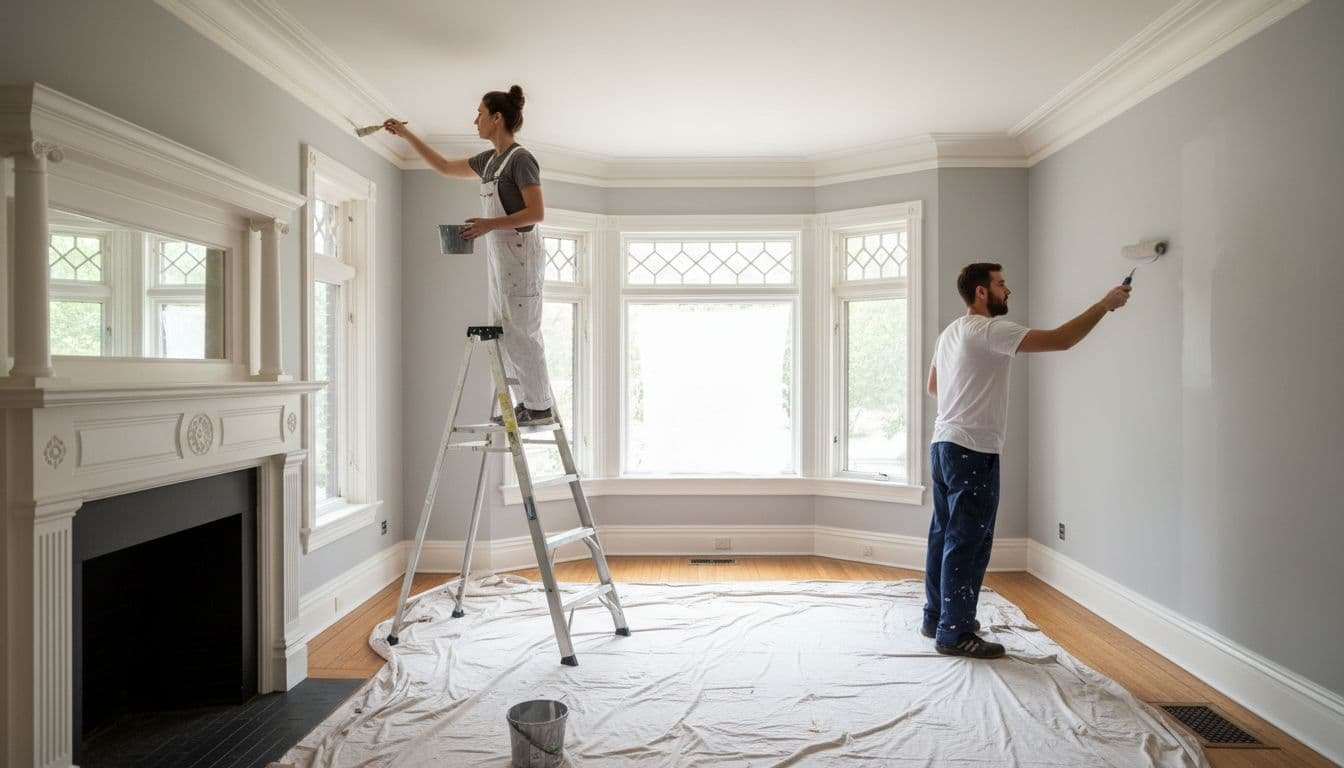 Two painters apply paint to walls and trim in bright living room with drop cloths on hardwood floors.