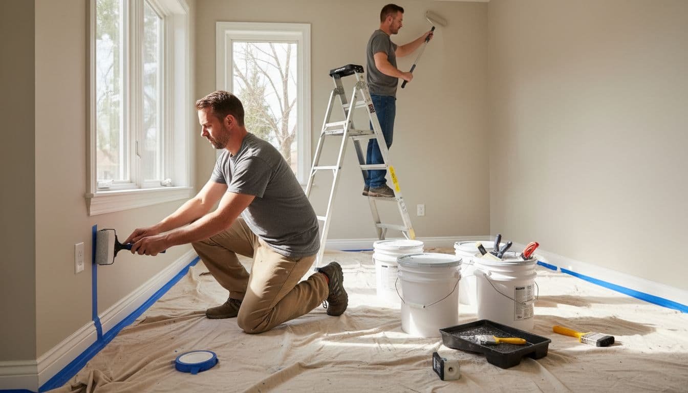 Two professional male house painters aged 30-40 work in a sunny Minneapolis rambler home interior; one tapes baseboards and trim with a tape roller, the other rolls paint on walls using an extension pole from a ladder amid drop cloths, organized tools, and paint buckets in a clean workspace.