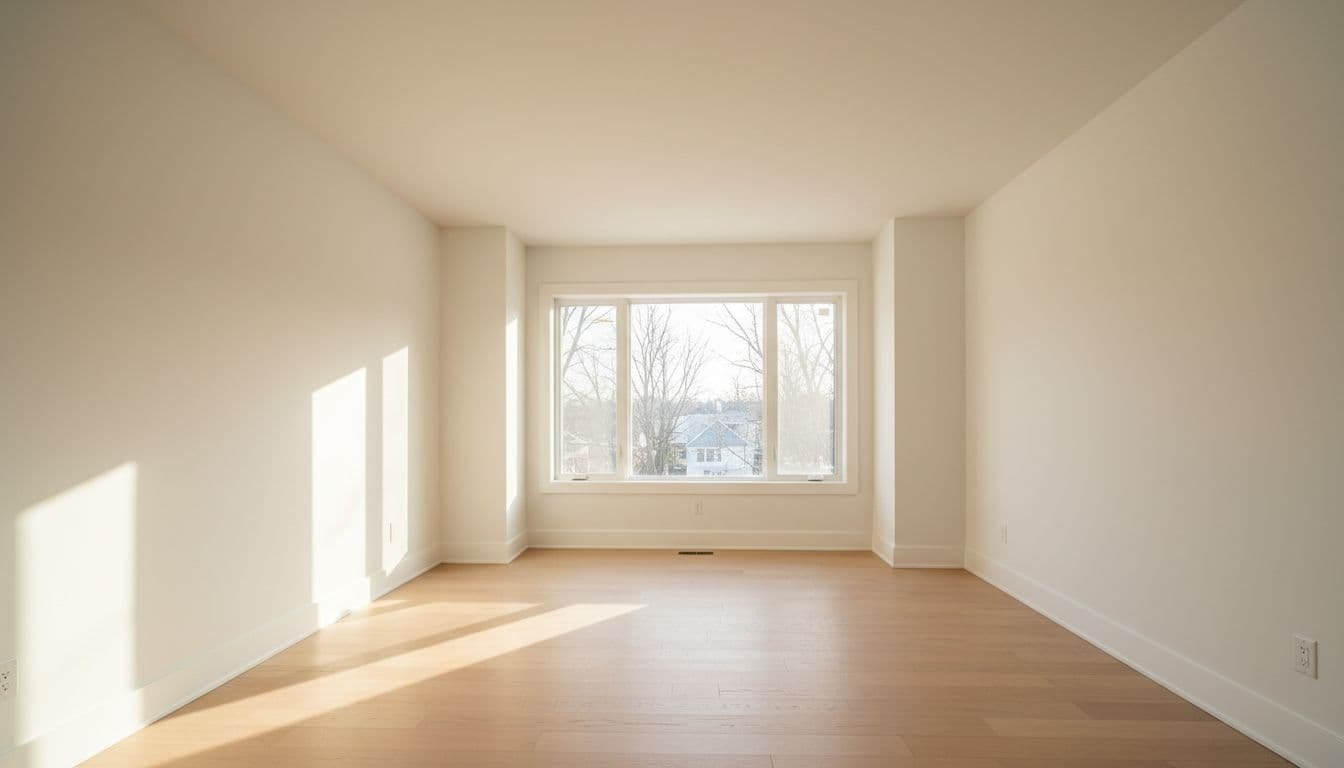 Minneapolis suburban home interior with freshly painted new drywall walls, smooth finish, white trim, and sunlight through windows. Empty room ready for furniture in realistic photo style with warm lighting.