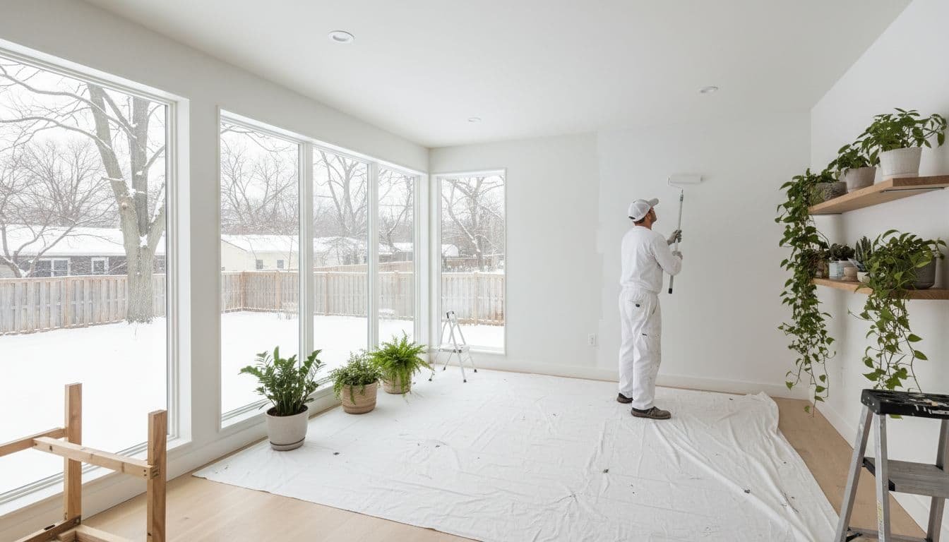 A professional painter applies fresh white paint to the sunroom walls using a roller in a bright Minneapolis home interior. Natural light floods through large windows overlooking a snowy yard, with wooden floors, plants on shelves, and clean modern style.