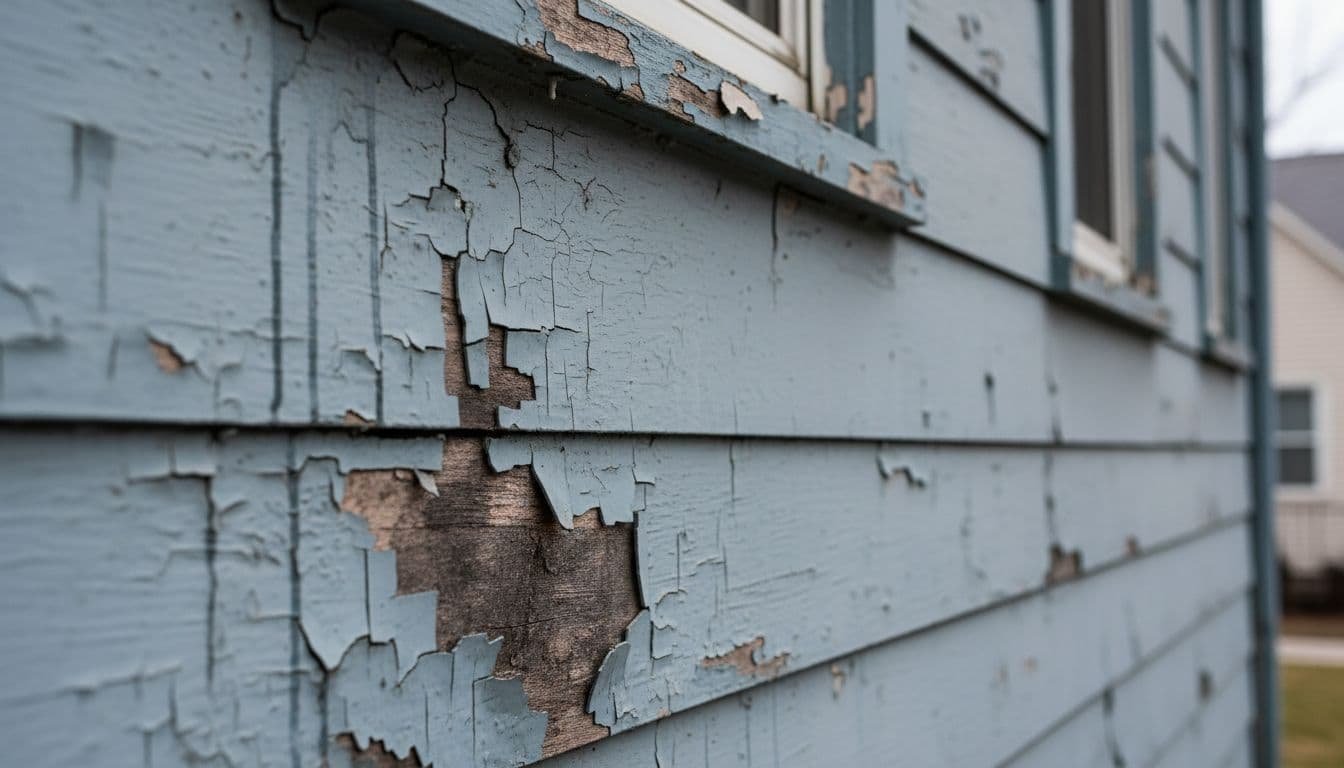 Close-up of cracked peeling paint on townhouse siding from freeze-thaw cycles.
