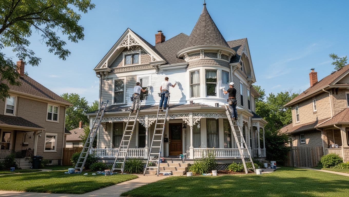 Two professional painters on ladders apply fresh exterior paint to a classic two-story Victorian house with ornate trim, turret, and gingerbread details in a Minneapolis neighborhood under summer daylight with clear blue sky and green lawn.
