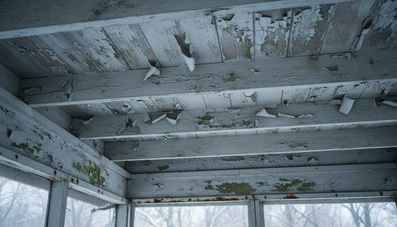Screened Porch Painting Cost in Minneapolis in 2026 3 Close-up of screened porch ceiling and walls with peeling paint, mildew spots, and cracked wooden beams.