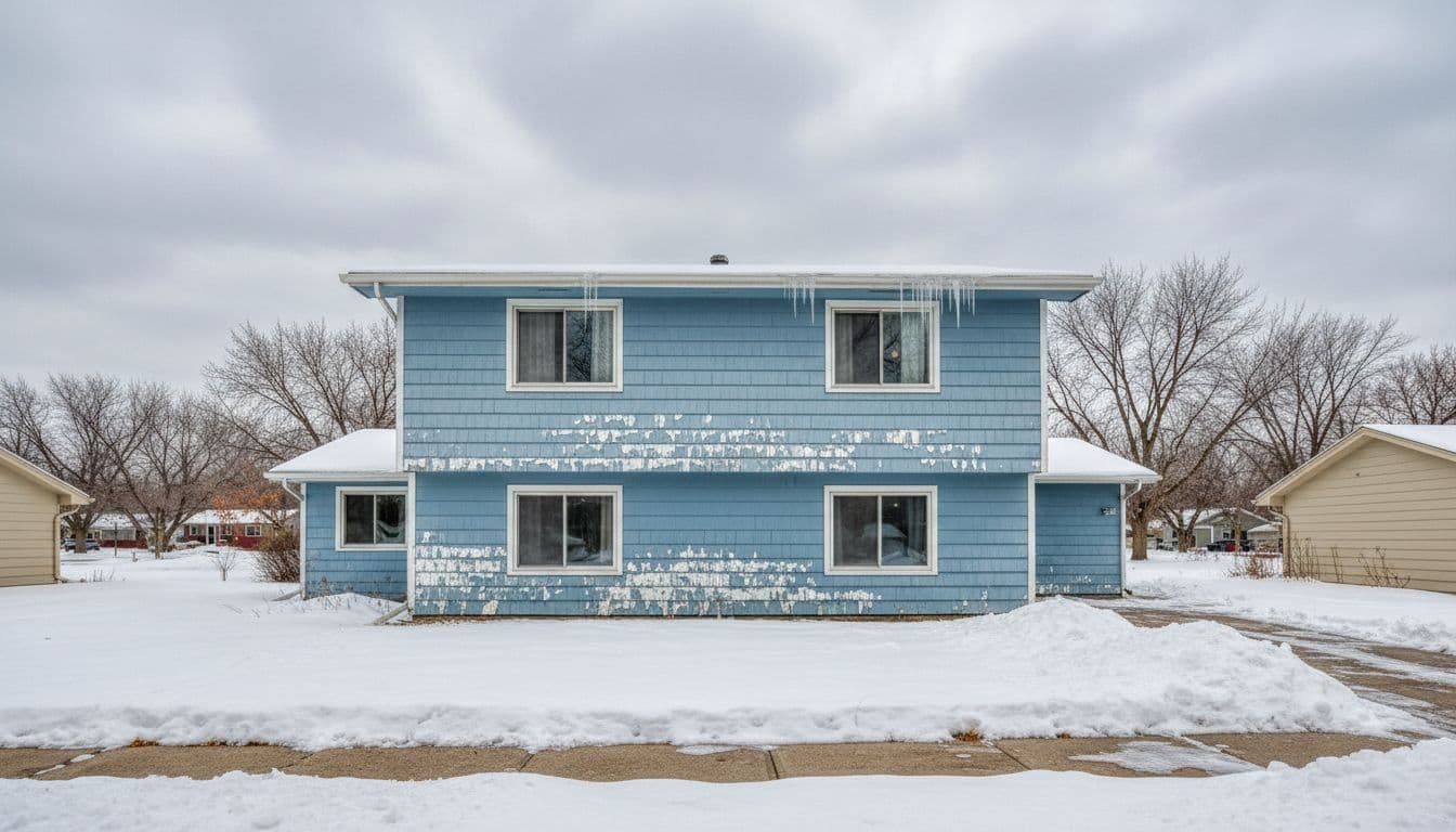 Suburban home exterior shows peeling siding paint from freeze-thaw cycles, snow on ground, overcast sky.