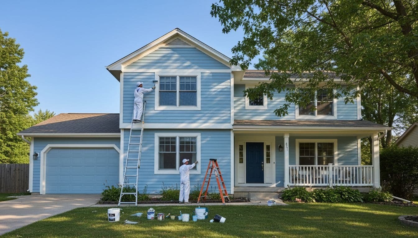 Two painters on ladders apply paint to siding of a two-story suburban house under clear blue sky with green lawn.